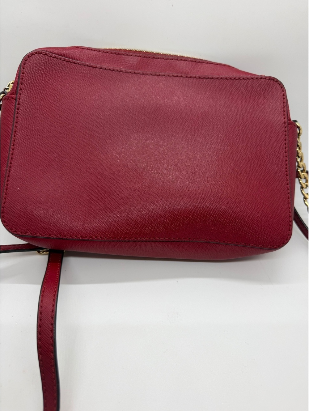 Michael Kors Burgundy Red Saffiano Crossbody Camera Bag Gold Chain